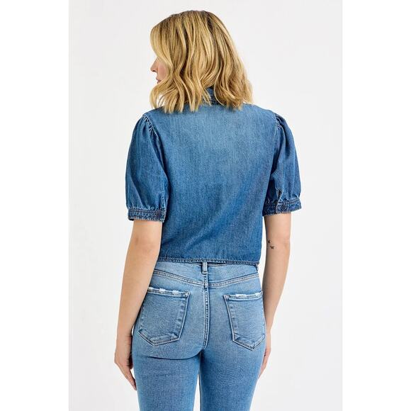 RISEN Button Down Short Puff Sleeves Medium Washed Casual Cropped Denim Shirt - Picture 5 of 7